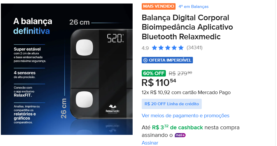 Balança de Bioimpedância Digital Bluetooth Relaxmedic com aplicativo